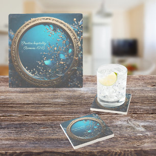 Shimmering Blue and God Frame Customisable Stone Coaster