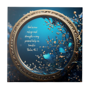 Shimmering Blue and Gold Frame Bible Verses  Tile