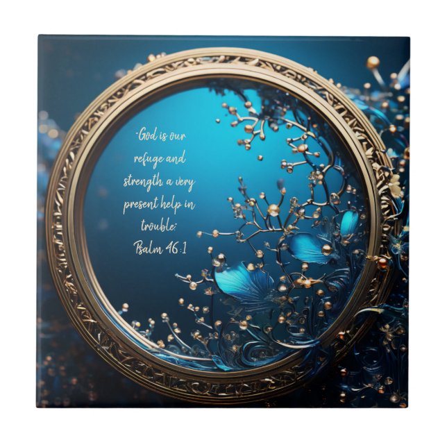 Shimmering Blue and Gold Frame Bible Verses  Tile (Front)