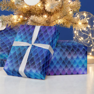 Shimmering Blue Ombre & Glitter Dragon Scales Wrapping Paper