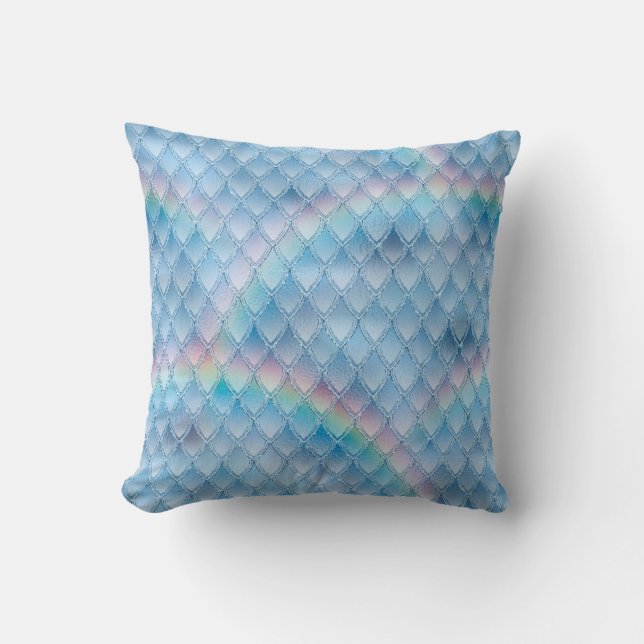 Shimmering Blue & Rainbow Glitter Dragon Scales Cushion (Front)