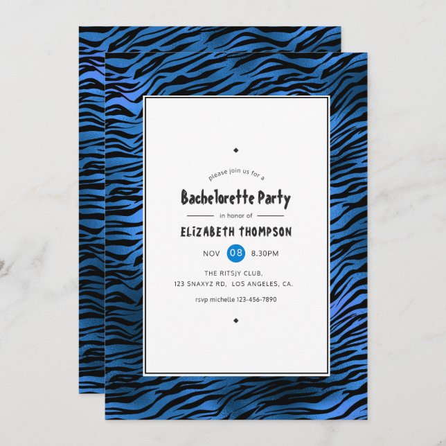 Shimmering Blue Tiger Stripes Bachelorette Party Invitation (Front/Back)