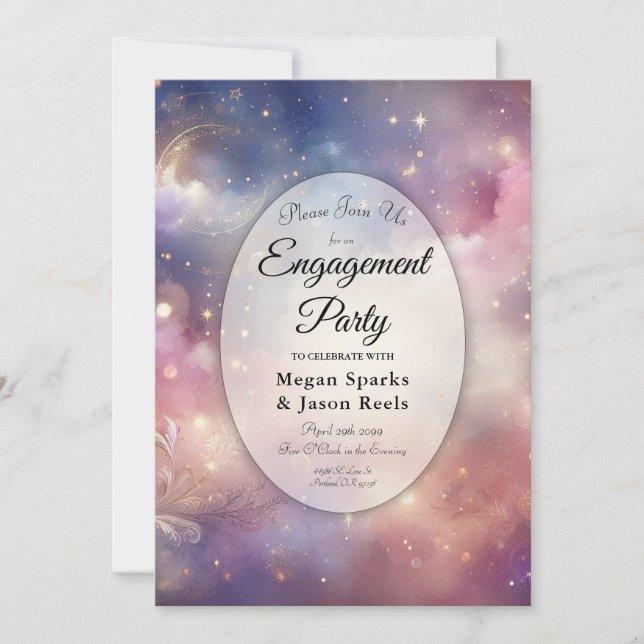Shimmering Celestial Stardust Skies Engagement  Invitation (Front)