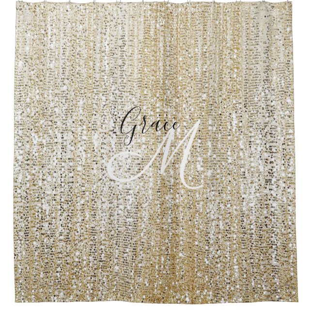 Shimmering Champagne Sparkling Modern Monogram Shower Curtain (Front)