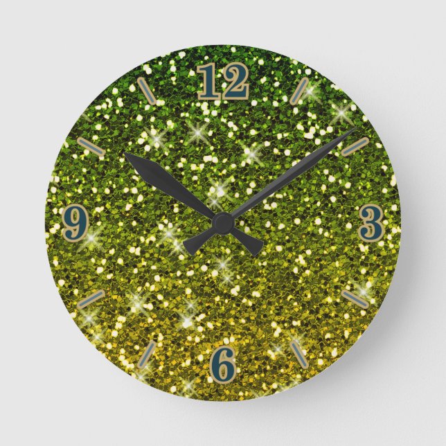 Shimmering Dark Green Gold Glitters Round Clock (Front)
