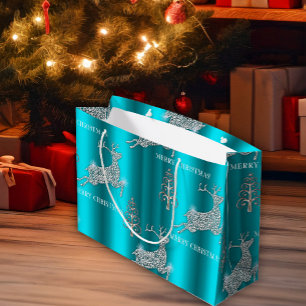 Shimmering Diamond Reindeer Leaping Aqua Christmas Large Gift Bag