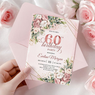 Shimmering Dusty Pink Floral Rose Gold 60 Birthday Invitation