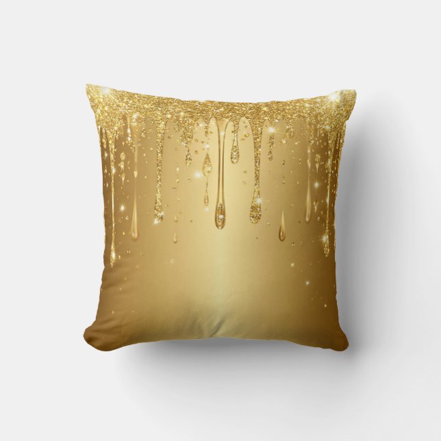 Shimmering Gold Glitter Drip Background Cushion (Front)