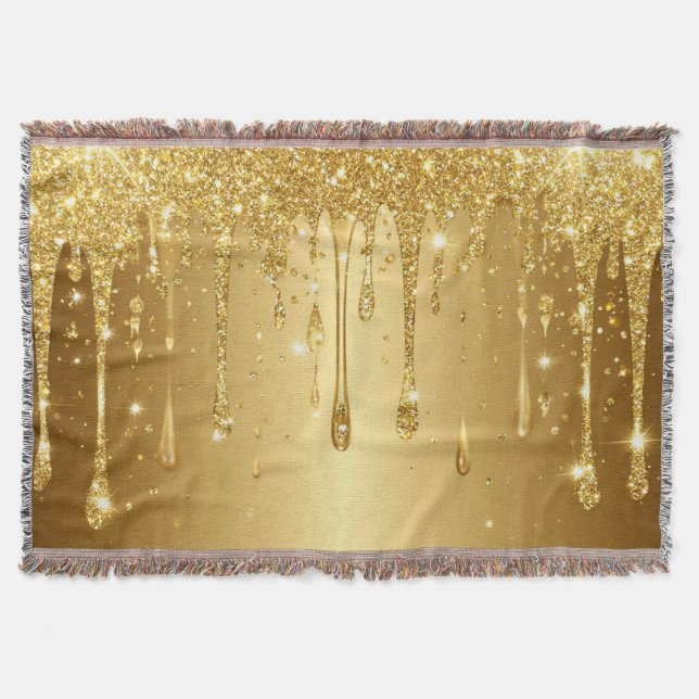 Shimmering Gold Glitter Drip Background Throw Blanket (Front)