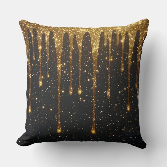 Shimmering Gold Glitter Drips Over Dark Background Cushion (Front)