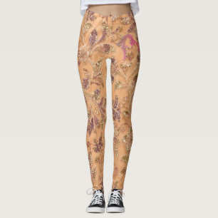 Shimmering Gold & Peach Botanical Pattern Yoga Leg Leggings