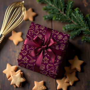 Shimmering Gold & Red Christmas Baking Pattern Wrapping Paper