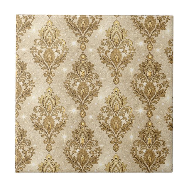 Shimmering Gold Royal Palace Damask Pattern Art Tile (Front)