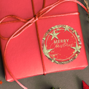 Shimmering Gold Stars on Red Glitter Christmas Classic Round Sticker