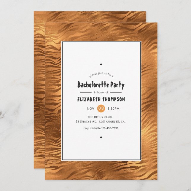Shimmering Gold Tiger Stripes Bachelorette Party Invitation (Front/Back)