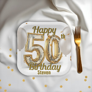 Shimmering Golden Luxurious Elegance 50th Birthday Paper Plate