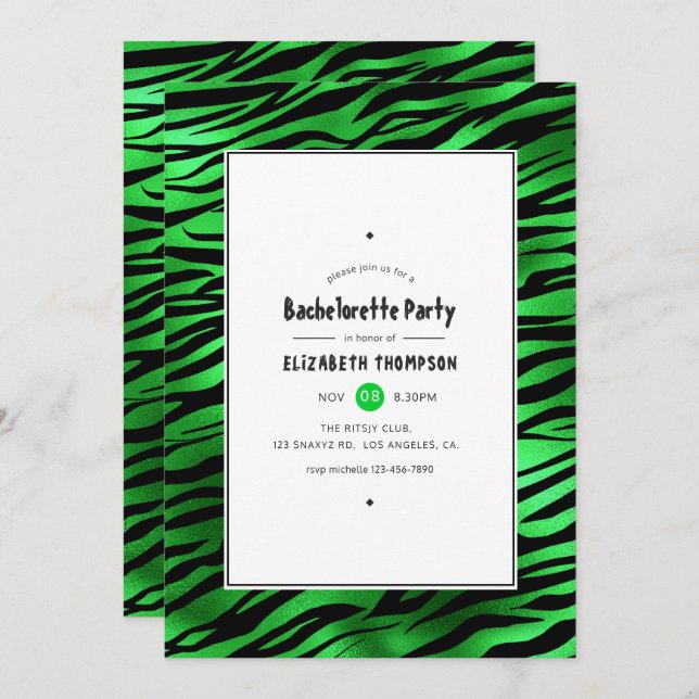 Shimmering Green Tiger Stripes Bachelorette Party Invitation (Front/Back)