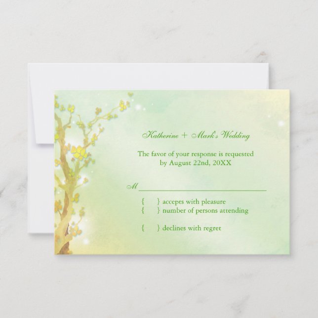 Shimmering Light Green Tree Wedding RSVP Card (Front)