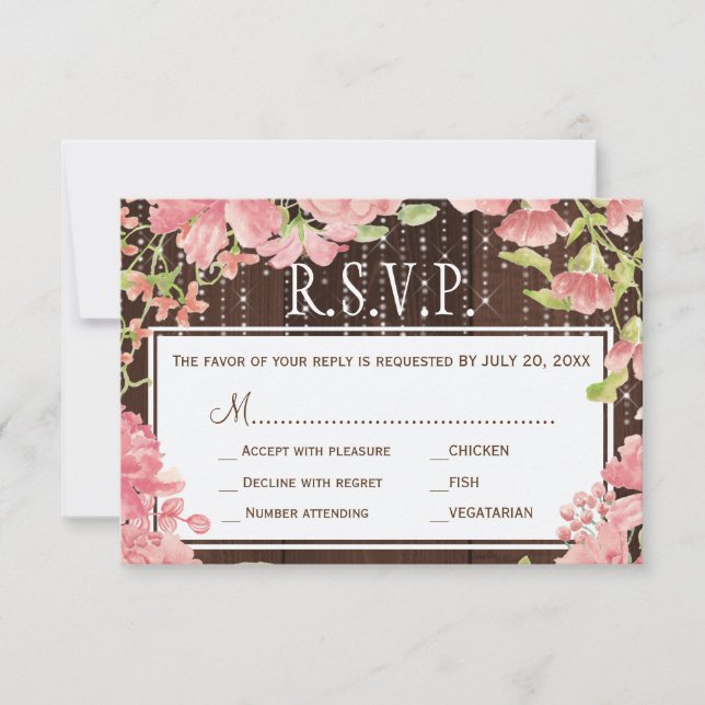 Shimmering lights peonies barn wood wedding rsvp card (Front)