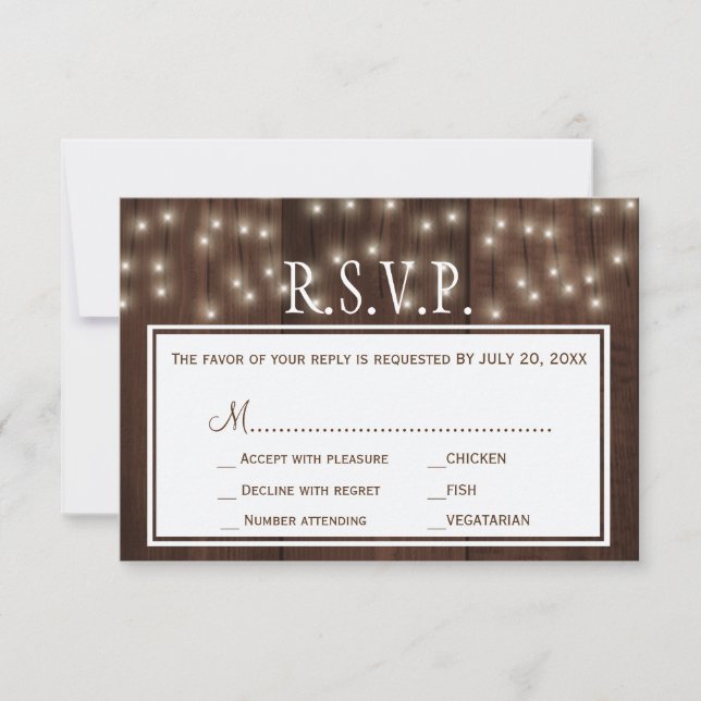 Shimmering lights rustic barn wood wedding rsvp card (Front)