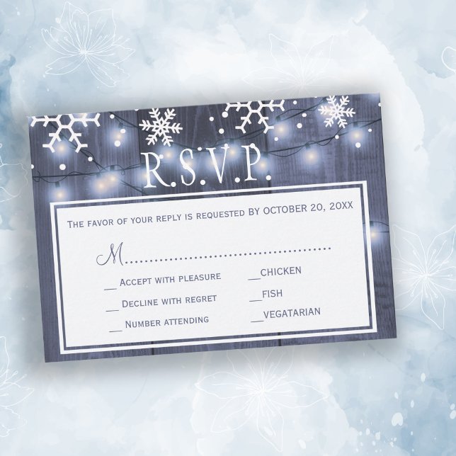 Shimmering lights winter barn wood wedding rsvp card (Creator Uploaded)