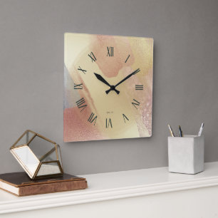Shimmering Look Gold Brushstrokes Square Wall Clock