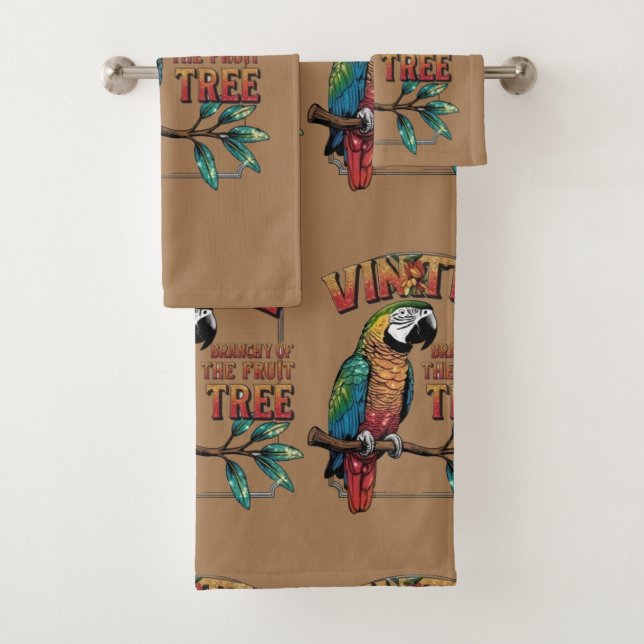 Shimmering Parrot on Fruit Tree Branch Bath Towel Set (Insitu)