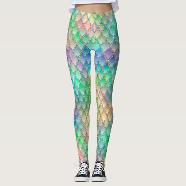 Shimmering Pastel Rainbow & Glitter Dragon Scales Leggings (Front)