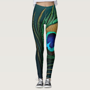 Shimmering peacock feathers in teal and emerald leggings