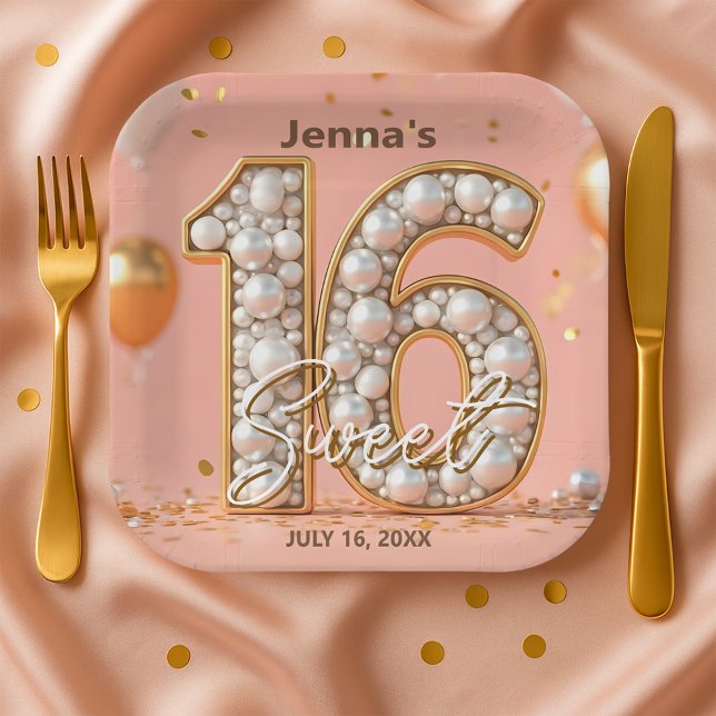 Shimmering Pearlescent Gold Soft Pink Sweet 16 Paper Plate (Creator Uploaded)