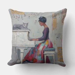 Shimmering Piano Lady Purple Grey Cat Cushion