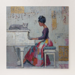 Shimmering Piano Lady Purple Grey Cat Jigsaw Puzzle
