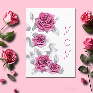 Shimmering Pink Roses with Silver Mother's Day  Card