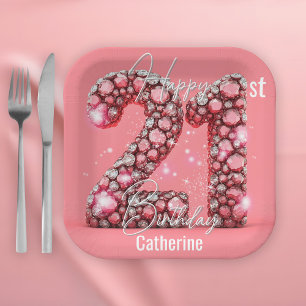 Shimmering Pink & Silver Gemstones 21st Birthday Paper Plate