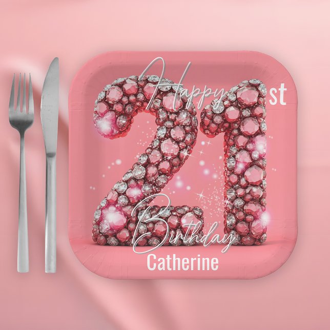 Shimmering Pink & Silver Gemstones 21st Birthday Paper Plate (Creator Uploaded)