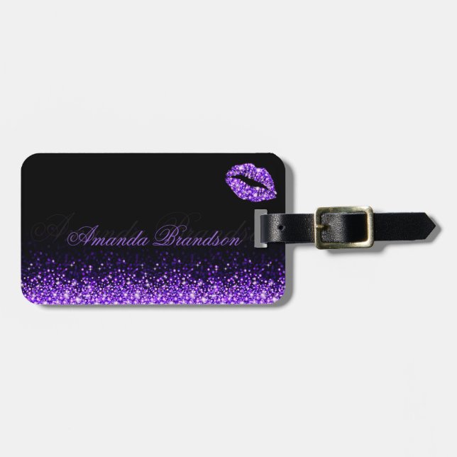 Shimmering Purple Lips Black Luggage Tag (Front Horizontal)