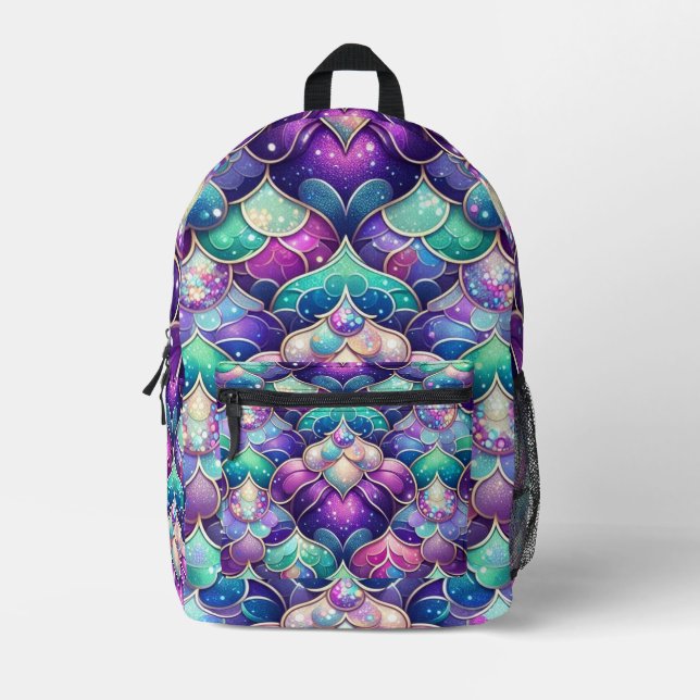 Shimmering Purple Teal Mermaid Tail Scales Print Printed Backpack (Front)