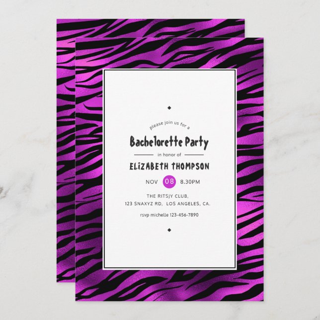 Shimmering Purple Tiger Stripes Bachelorette Party Invitation (Front/Back)