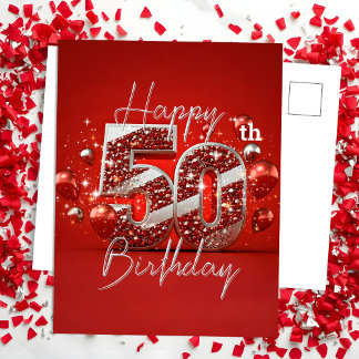 Shimmering Red and Silver 50th Birthday Postcard