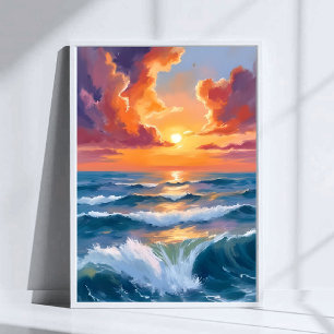 Shimmering Sea Sunset Ocean Watercolor Painting Poster