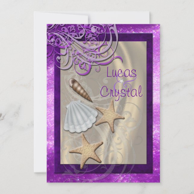 Shimmering Seashell Plum Beach Wedding Invitation (Front)