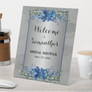 Shimmering Silver: Blue Floral Bridal Shower  Pedestal Sign