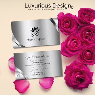 Shimmering Silver Details with Leafy Monogram Business Card