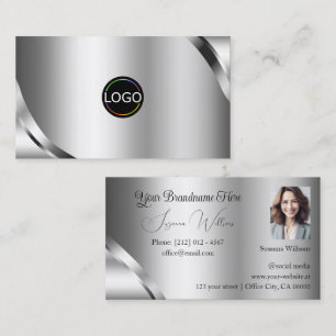 Shimmering Silver Details with Logo and Photo Business Card