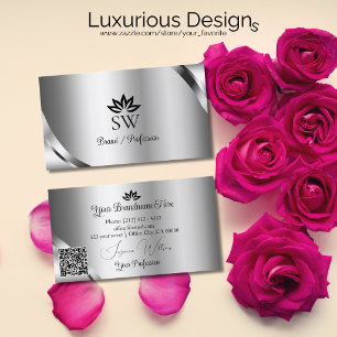 Shimmering Silver Details with Monogram QR Code Business Card