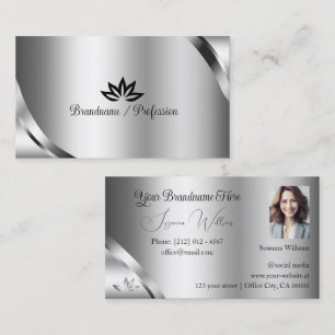 Shimmering Silver Details with Petals and Photo Business Card