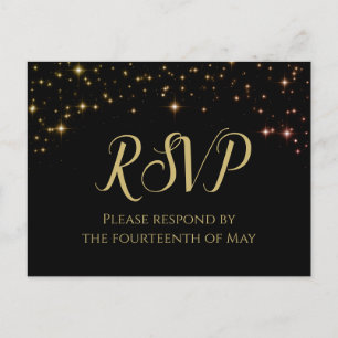 Shimmering Sparkles Gold & Black Wedding RSVP Postcard