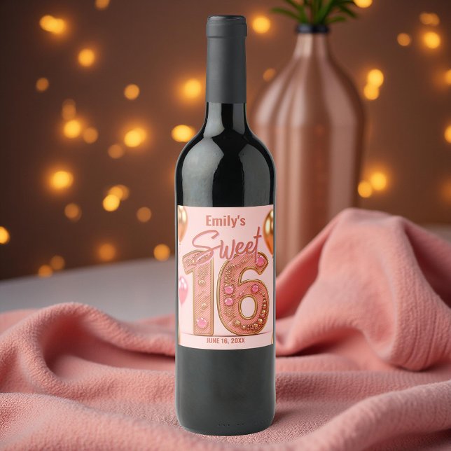 Shimmering Stylish Soft Pink and Gold Sweet 16 Wine Label (Creator Uploaded)