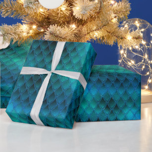 Shimmering Teal & Glitter Dragon Scales Wrapping Paper
