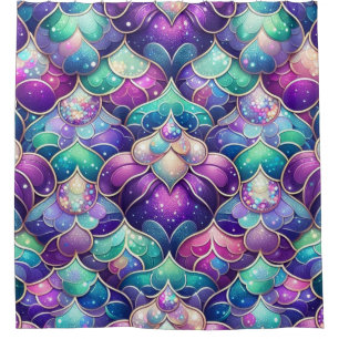 Shimmering Teal Purple Mermaid Tail Print Pattern Shower Curtain